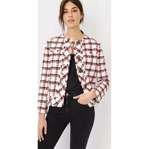 Ann Taylor Plaid Fringe Tweed Blazer‎ Coat Jacket Patriotic USA 12  Petite